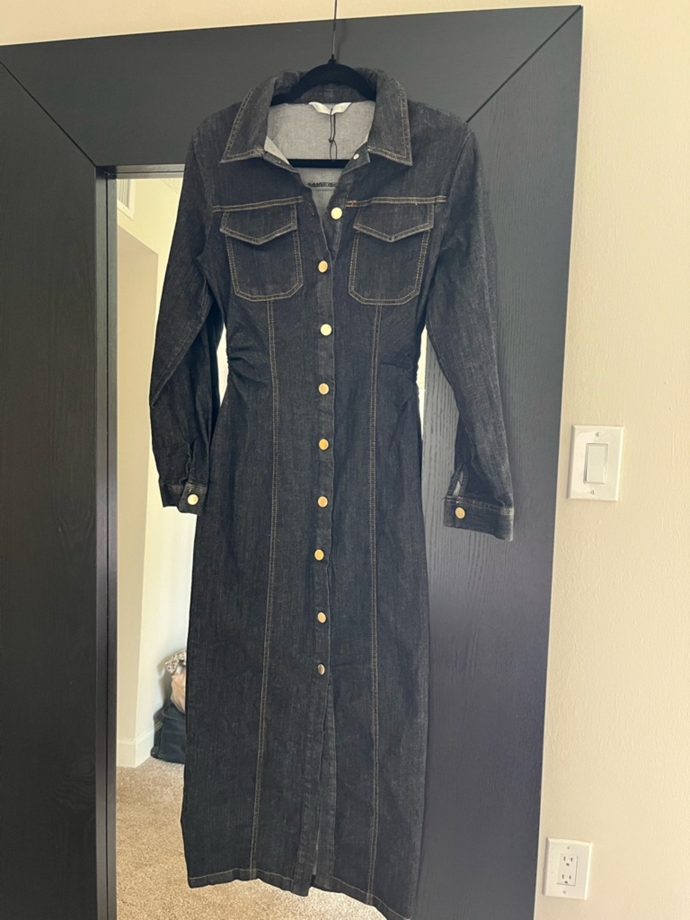 Zara Black Long-Sleeve Button-Front Denim Dress